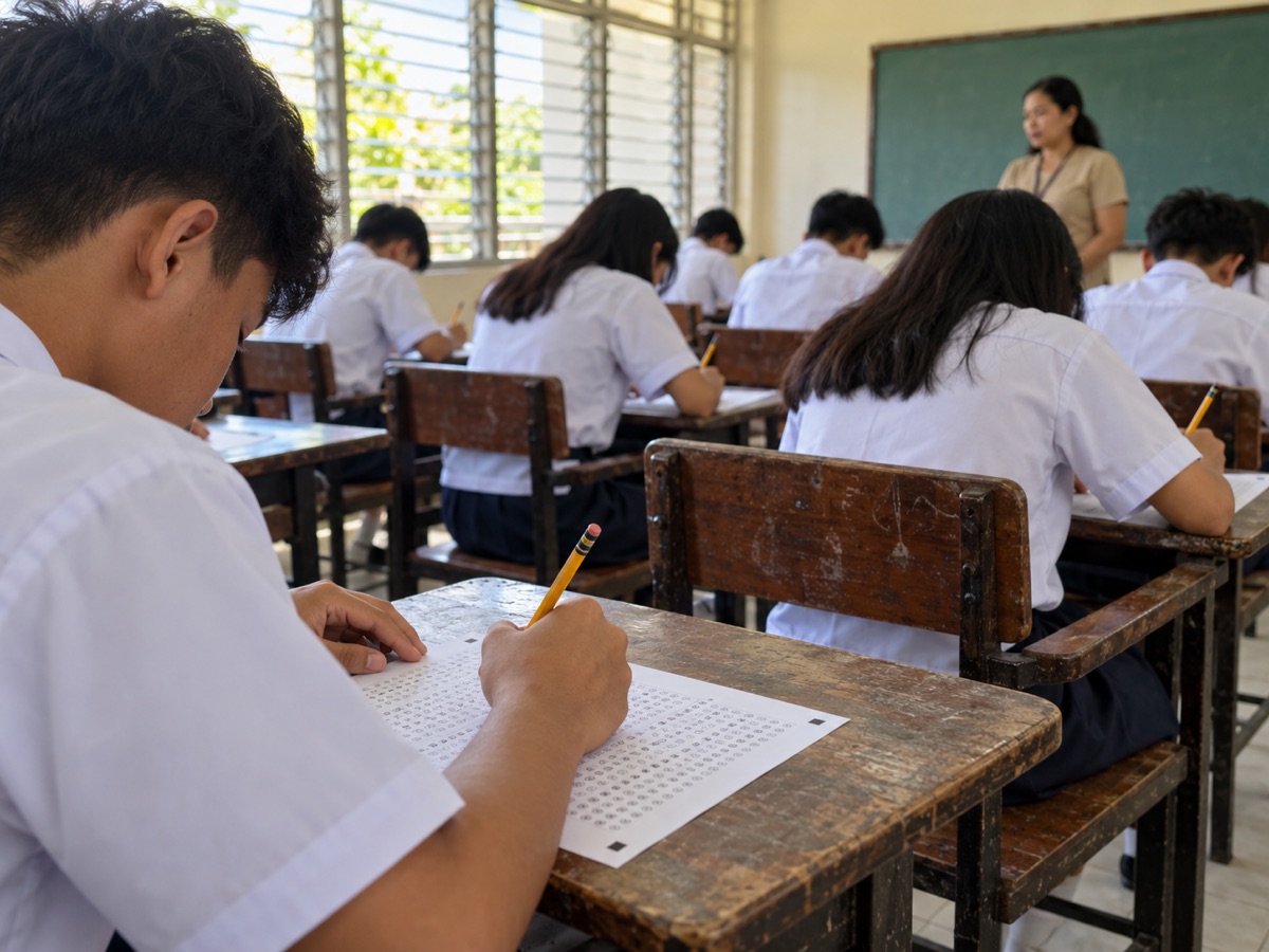 Applicants at their desks shading answer sheets with pencils while a proctor watches from the front.