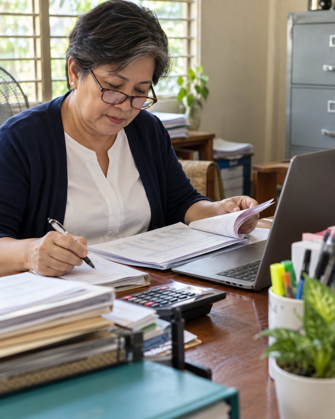 A school finance officer at her desk checking a receipt booklet against a printed statement, a laptop and calculator beside her.