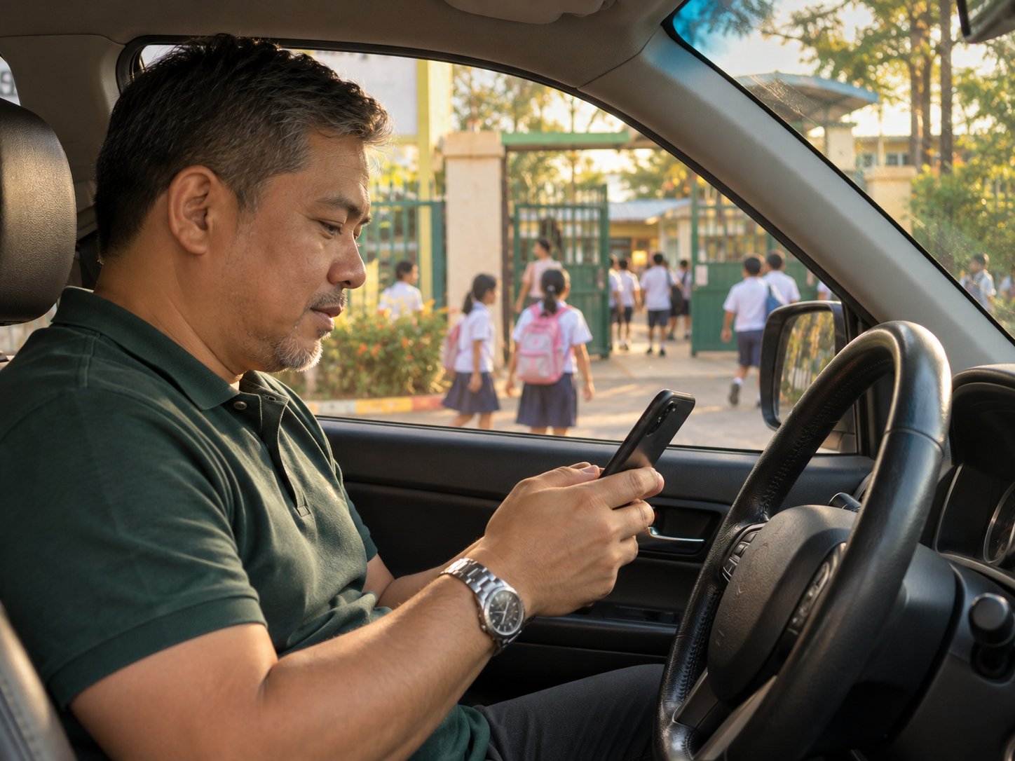 A father in a parked car outside a school gate at pick-up time, filling in a form on his phone.