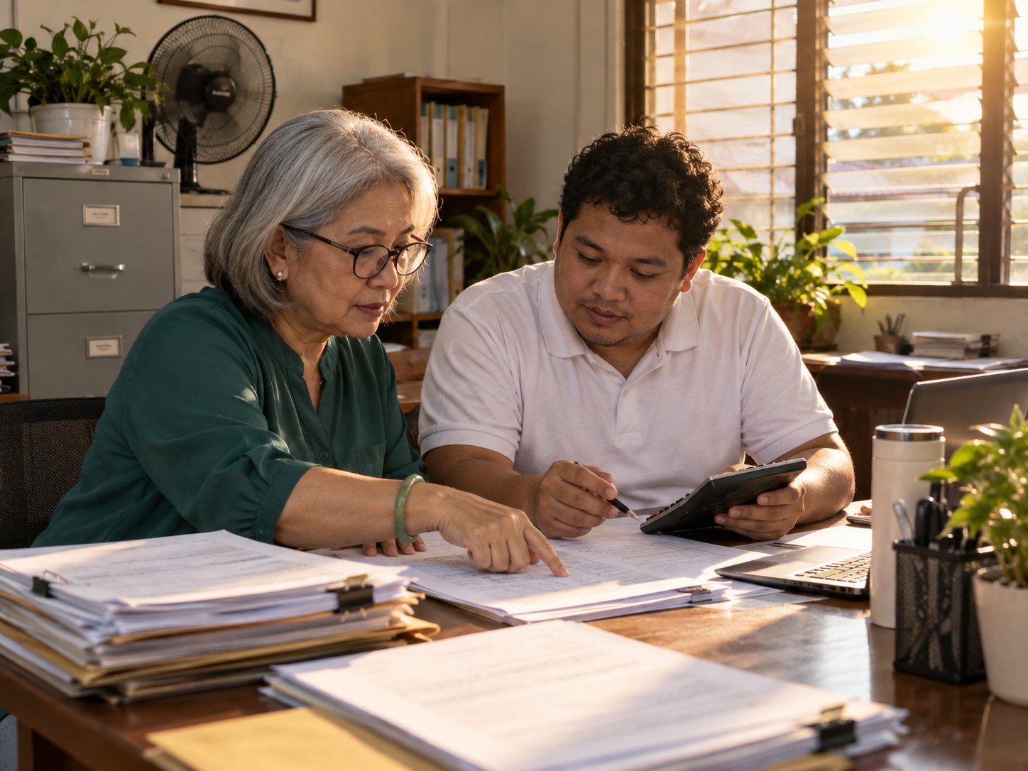 The school owner and a finance clerk going over a printed report together at the end of the day.