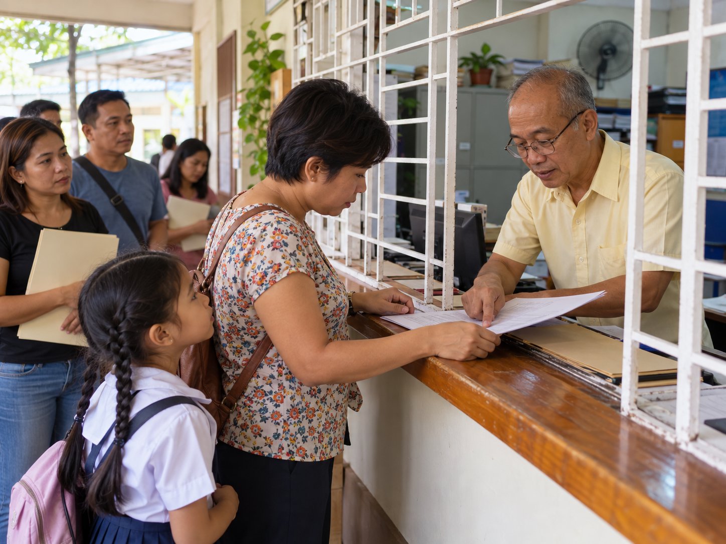 A registrar at the front-office window going over a form with a mother and her daughter, other parents queuing behind them.