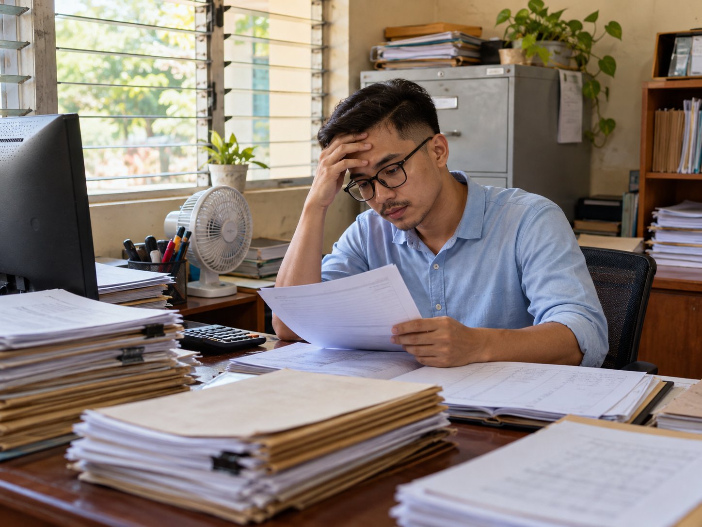 A registrar's assistant at a desk stacked with paper forms and folders, reading an application with his hand on his forehead.