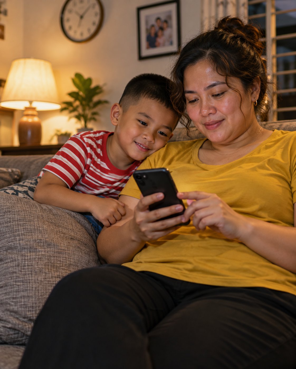 A mother at home filling in an application on her phone, her young son leaning on her shoulder to watch.