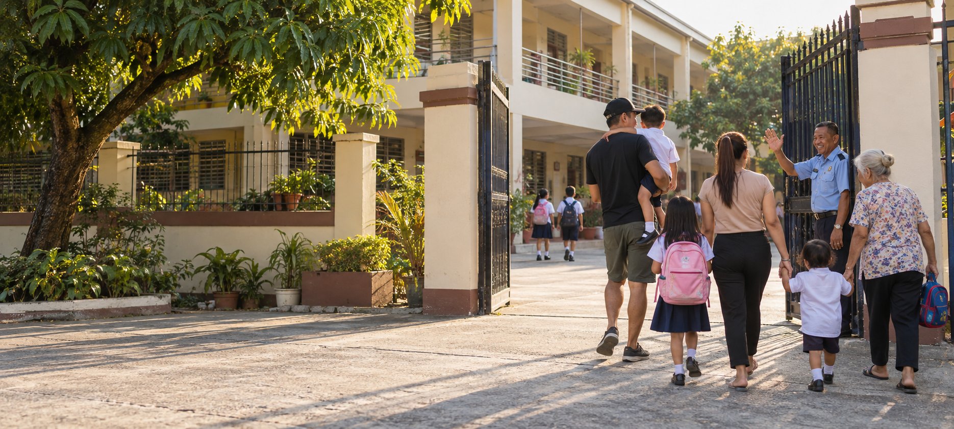 Parents walking their children through the open gate of a small private school on the first morning of classes, a guard waving them in.