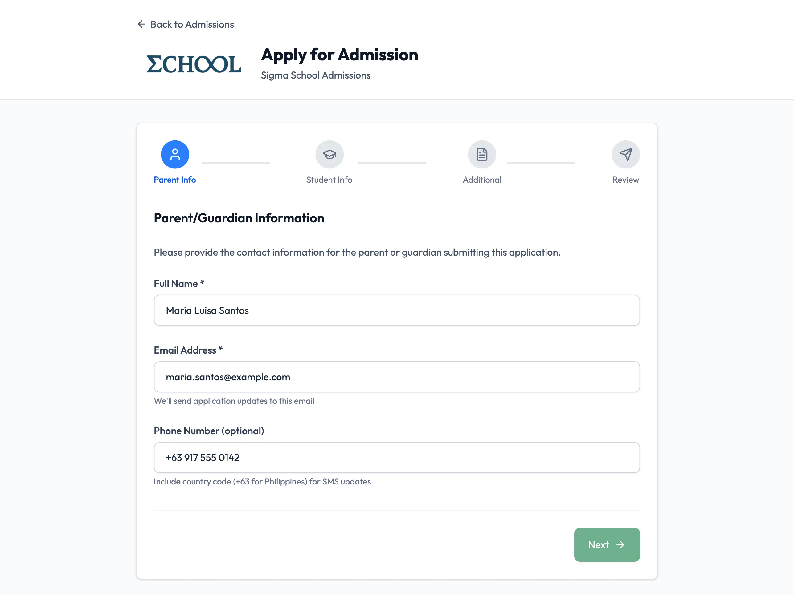 Screenshot: Online application form (parent view)