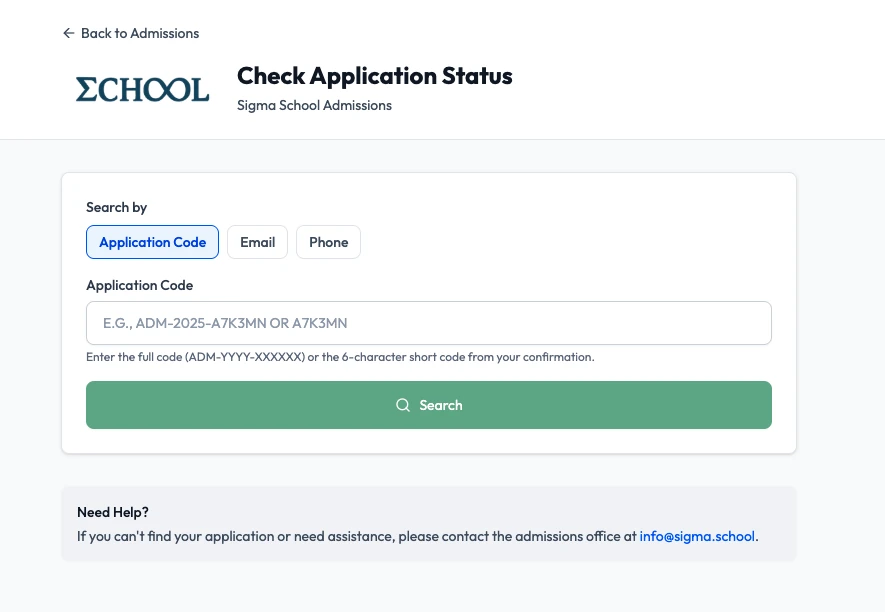 Screenshot: Parent status check by tracking code, email, or phone