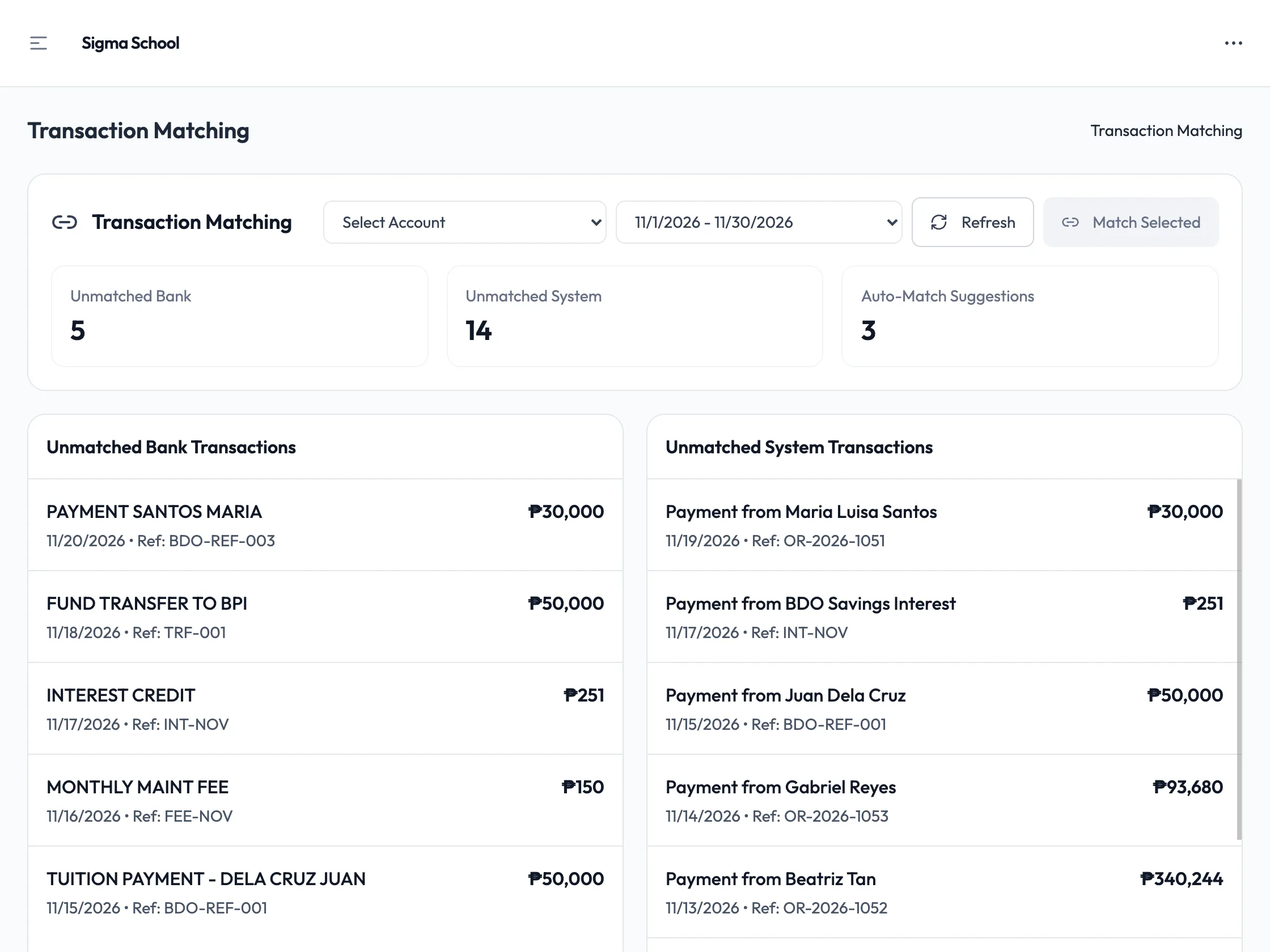 Screenshot: Finance dashboard with bank reconciliation